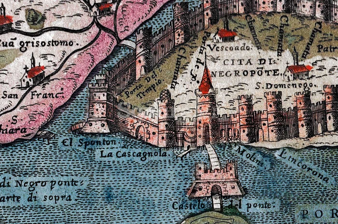 10-Λεπτομέρεια-από-χάρτη-του-Simon-Pinargenti-1573-όπου-φαίνονται-η-Πύλη-La-Castagnola-η-προβλήτα-el-Sponton-και-το-Κάστρο-του-Ευρίπου-με-δύο-πύργους