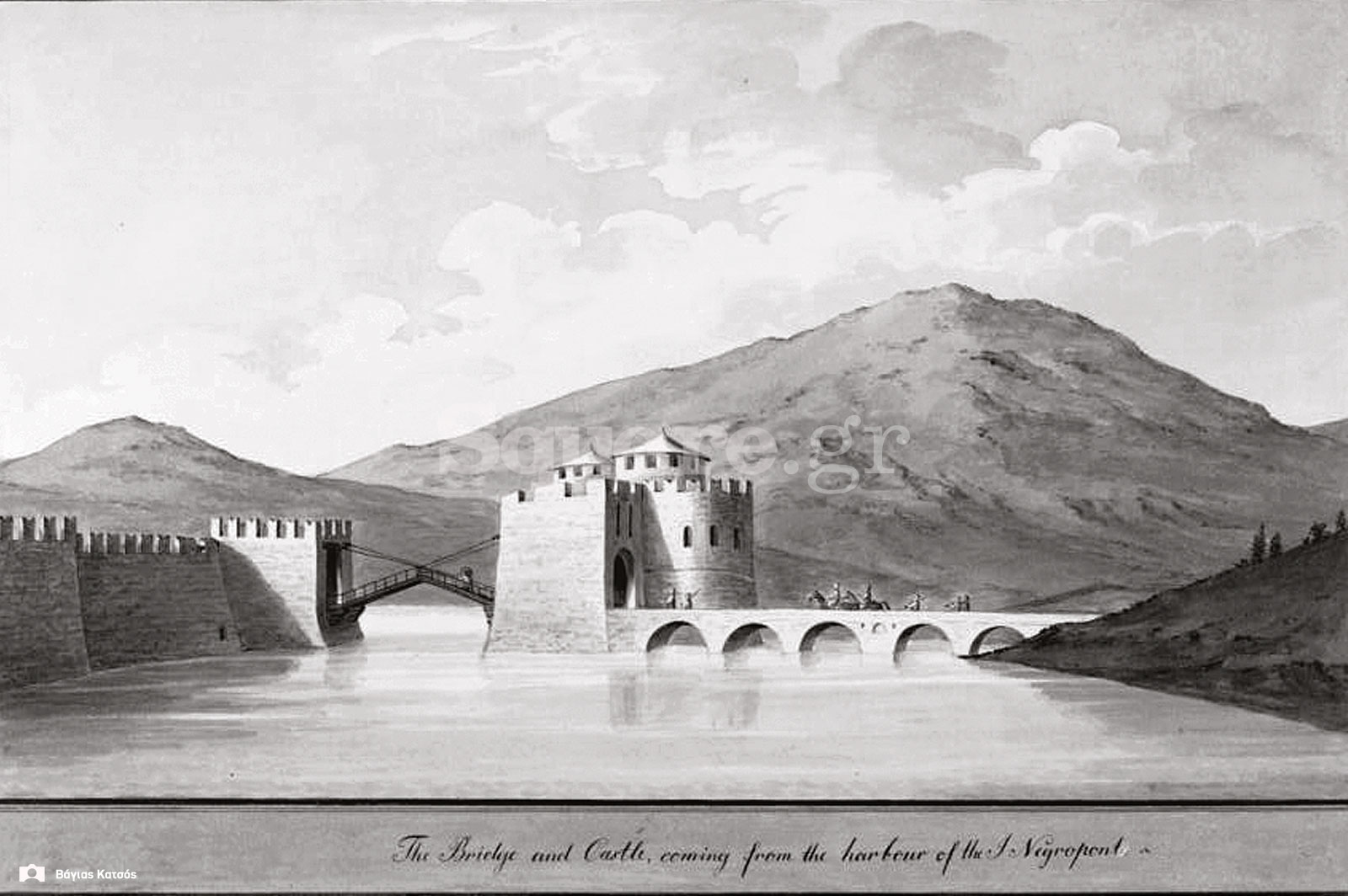 1-Τοπιογραφία-Ferdinand-Bauer-1-1-1787-Η-γέφυρα-και-το-κάστρο-του-Ευρίπου-Θέα-από-το-βόρειο-λιμάνι